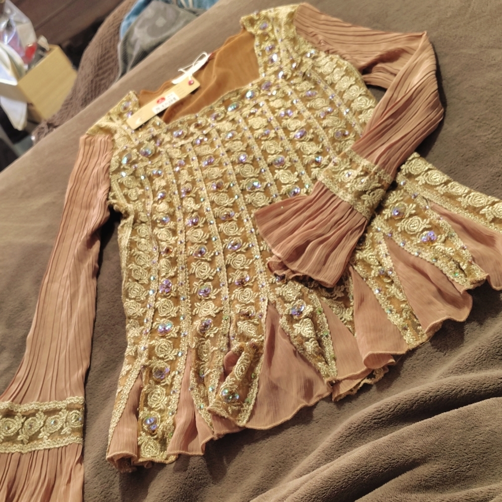 NWT PRETTY ANGEL BOLERO BLOUSE bohemian western  SM ruffle & lace caramel